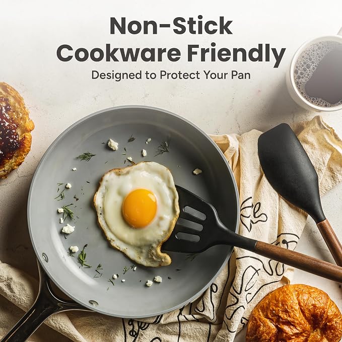 Silicone Kitchen Utensils Set & Holder: Cooking Utensils Set - Kitchen Essentials for New Home & 1st Apartment- Silicone Spatula Set, Cooking Spoons for Nonstick Cookware (Acacia Wood, Oange)