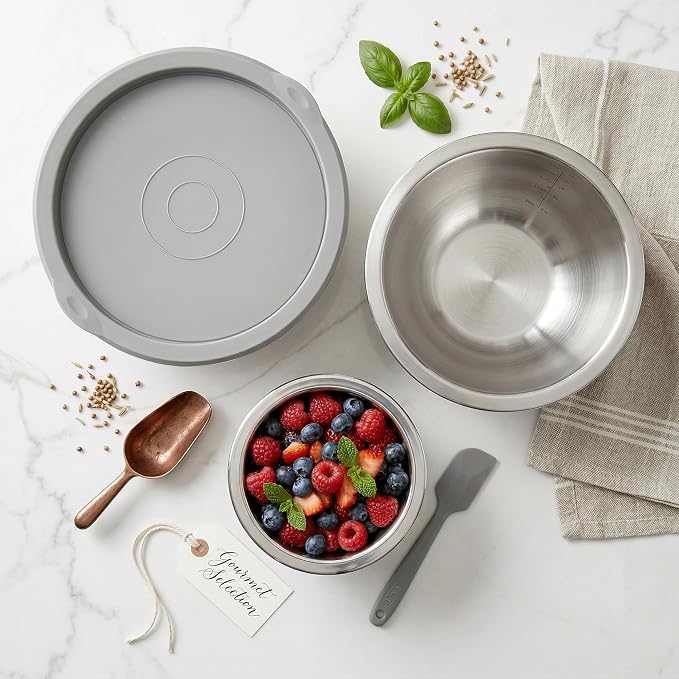 Rorence Mixing Bowls Set with Lids, 18/8 Stainless Steel Mixing Bowls with Non-Slip Silicone Base & Measurement Marks, Airtight Food Storage for Baking, Cooking & Meal Prep,1.5QT/3QT/5QT/White