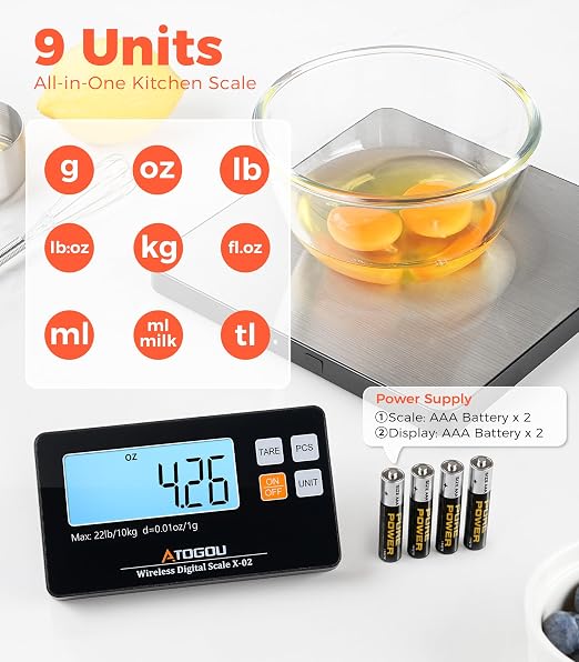Atogou Wireless Kitchen Scale, 22lb/10kg Food Scale with Detachable Display | 0.01oz/1g Precision, Larger Platform, 9 Units, Counting Function, Stainless Steel, for Cooking, Baking, Shipping, Silver