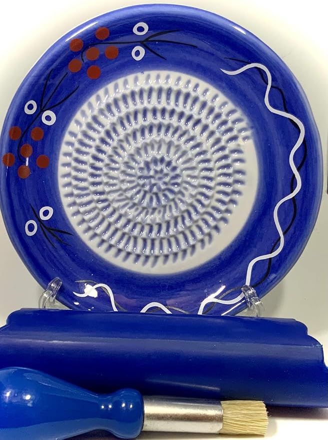 BonCera, All-in-one Premium Ceramic Garlic Grater Plate 4-Piece Set - Cherry Line on Blue Design - For Garlic, Ginger, Chocolate, and more! - Comes with 5.25" Plate, Peeler, Brush, and Stand