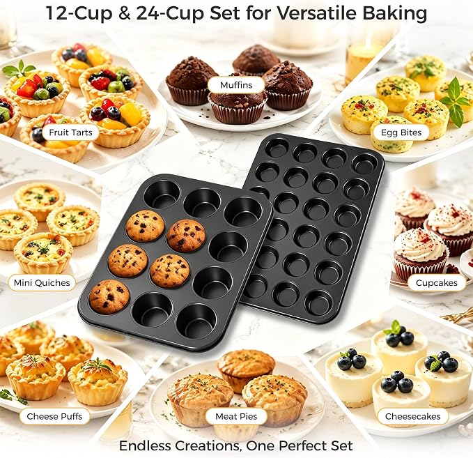 E-far Muffin Pan Set of 2, Regular 12-Cup & Mini 24-Cup Cupcake Pan | Nonstick Carbon Steel Muffin Tins for Easy Release, 2 Sizes for Baking Muffins & Cupcakes, Warp-Free & Even Baking, Oven Safe
