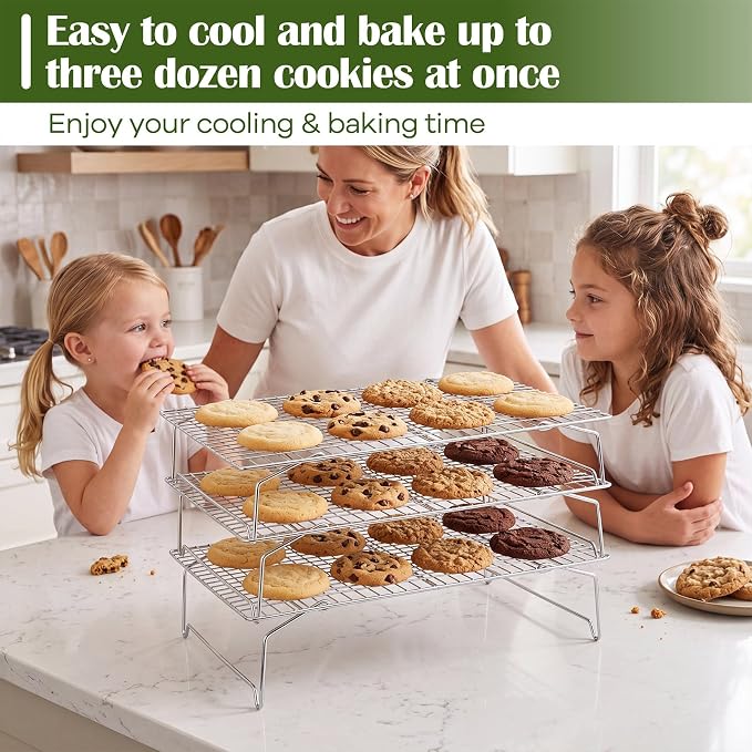 P&P CHEF 3 Tier Stackable Cooling Racks for Cooking and Baking, 15" x 10" | Stainless Steel Stackable Grid Cooling Rack for Cooling Roasting Grilling, Collapsible & Heavy Duty, Oven & Dishwasher Safe