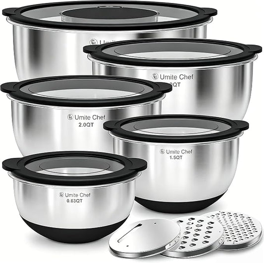Mixing Bowls with Lids Set - Non-Slip, Airtight Warp-Proof TPR-AS Lids, Thicker Stainless Steel Bowls, Measurement Lines & 3 Graters, Prep Meal Bowl, Black Nesting Bowl for Kitchen, 5/3/2/1.5/0.63QT