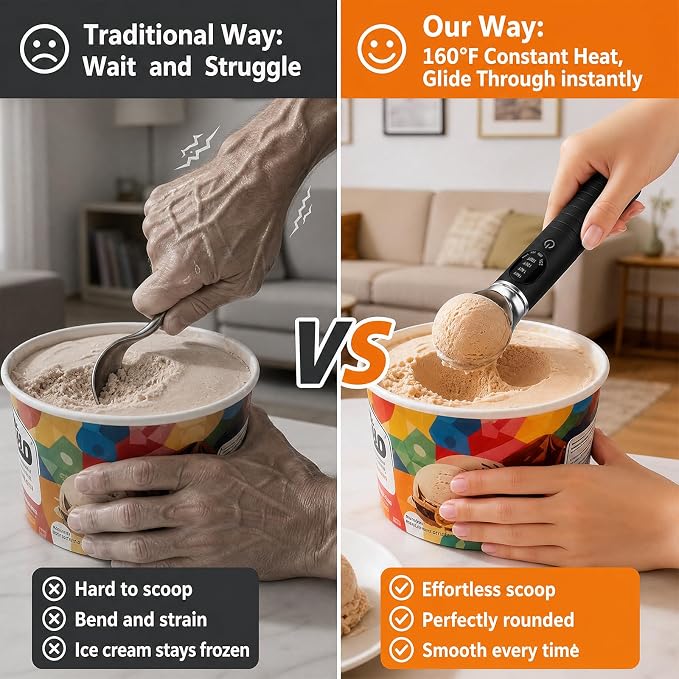 Heated Ice Cream Scoop Rechargeable, Electric Ice Cream Scooper with 4 Temp Modes & LED Display, Heats up to 160°F for Rock-Hard Ice Cream, IPX7 Waterproof Kitchen Gadget for Seniors & Kids (Black)