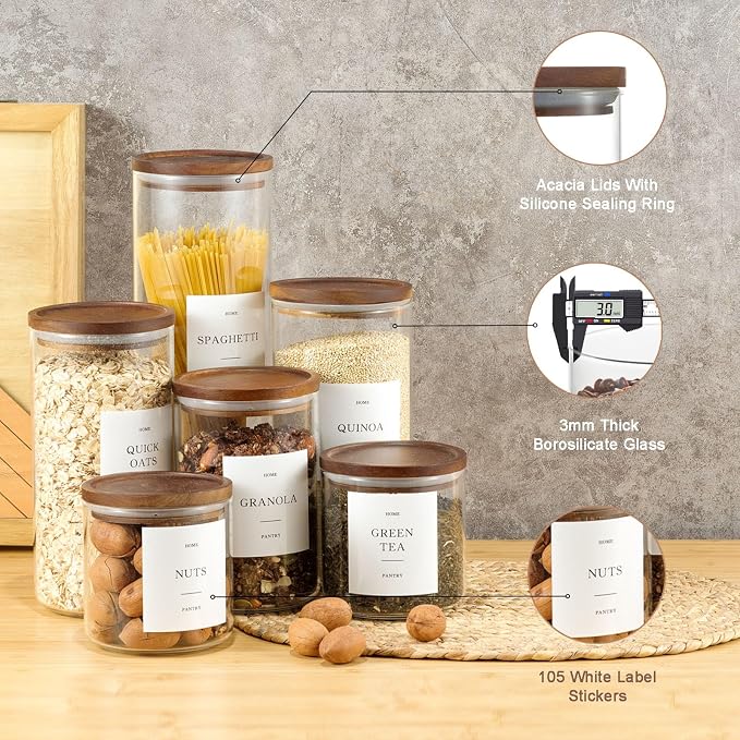 2 Pack Glass Containers with Acacia Lids, 70oz Pantry Airtight Storage Jars | Large Kitchen Canisters with 105 Labels, Pantry Food Storage Containers with Wood Lids for Pasta, Flour, Rice, Cereal