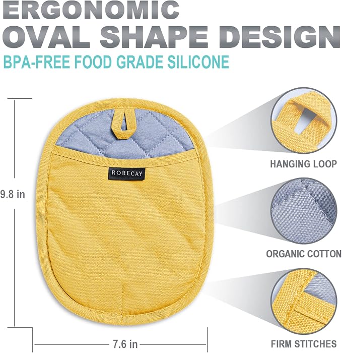 RORECAY 2-Pack Silicone Pot Holders for Kitchen, Hotpad with Pocket, Yellow | Heat Resistant up to 500°F, Quilted Cotton Potholders, Non-Slip & Waterproof Trivets for Hot Pots, Pans, and Countertops