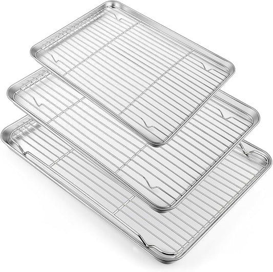 TeamFar Baking Sheet with Rack Set, 3 Pans + 3 Racks, 17.6/12.5/10.5 Inch | Stainless Steel Cookie Sheets Baking Pans Trays and Cooling Racks for Cooking, Non-Toxic & Heavy Duty, Dishwasher Safe
