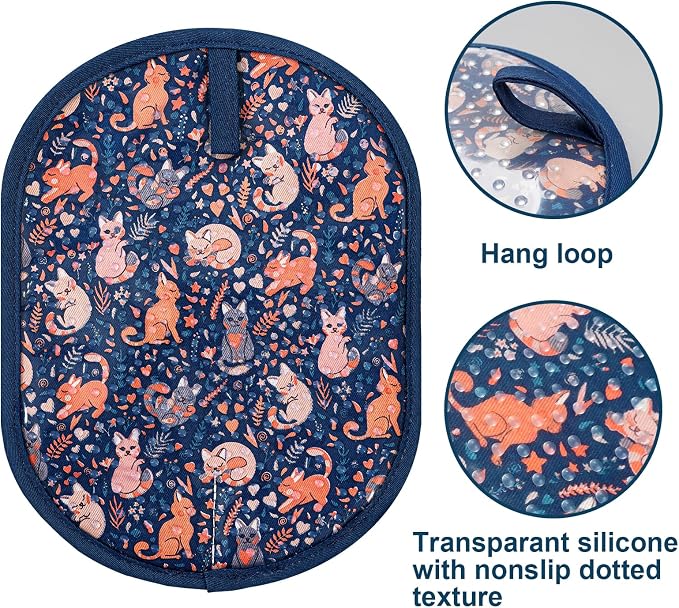 Pot Holders Set of 2 with Transparent Clear Silicone Shell and Nice Cat Flower Cotton Lining, Heat Resistant to 500 F Kitchen Oven Gloves Pot Holder for Cooking (Navy, Cat, Potholders)