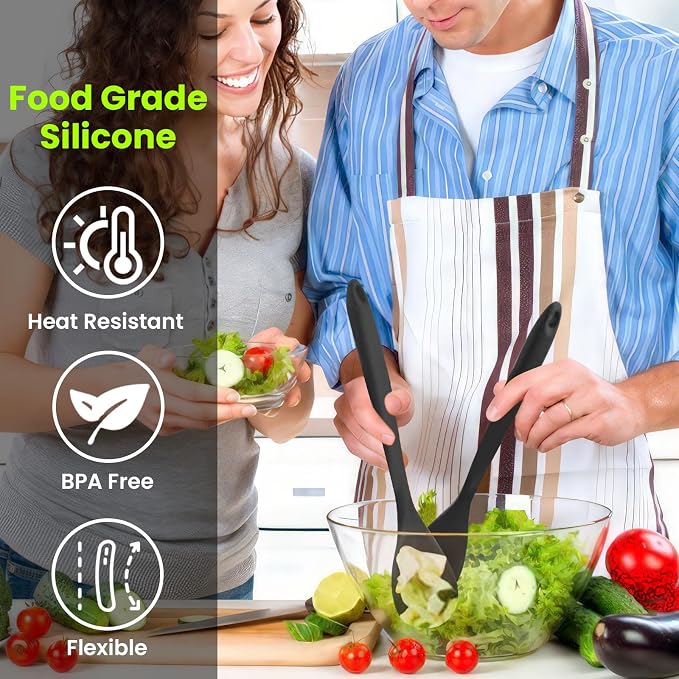 GEEKHOM Silicone Cooking Spoons, 4 Pieces 11" Heat Resistant Silicone Kitchen Utensils Set Large Serving Stirring Spoons for Non Stick Cooking, Mixing, Basting, Baking, Black