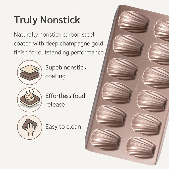 12 Well Madeleine Pan 2-Pack Nonstick, PFOA & BPA Free | | Non-Toxic - High Carbon Steel - Gold - Madeleines Cake Cookie Mold
