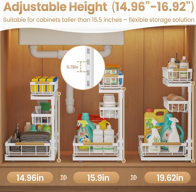 Under Sink Organizer and Storage for Bathroom and Kitchen - 2 Pack 3 Tier | Under Cabinet Pull Out Shelf Organizers - Slide Out Drawer Organization for Home Cabinets Shelves and Drawers