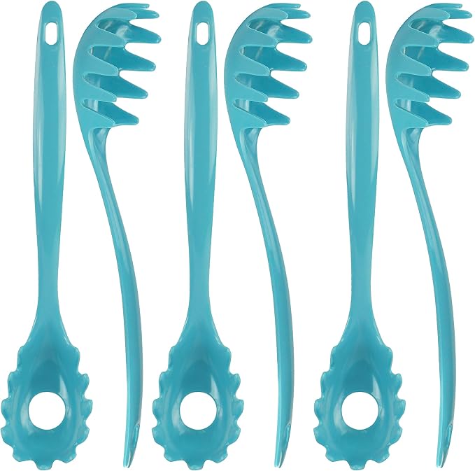 Spaghetti Spoon, Pasta Server, Fork with Ergonomic Handle, Heat Resistant, BPA Free,11.5 inch Melamine Utensil by Reston Lloyd, 6 piece set, Turquoise
