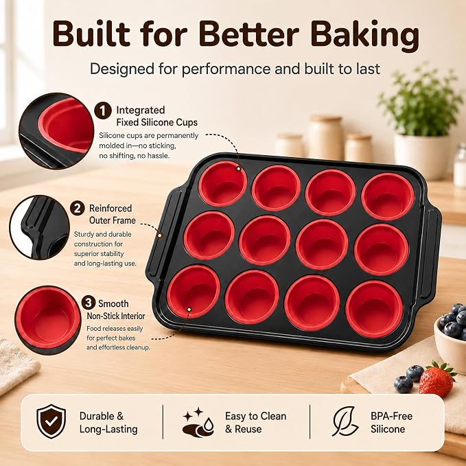 2 Pack Silicone Muffin Pans for Baking, 12-Cup Muffin Tin with Metal Frame | 2 Pack value, 12-Cup muffin pans, Reinforced metal frame, Easy release cups, Nonstick silicone, Oven & dishwasher safe