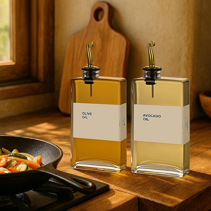 Glass Oil Dispenser for Kitchen, Olive Oil Dispenser Bottle, Set of 4, Gold