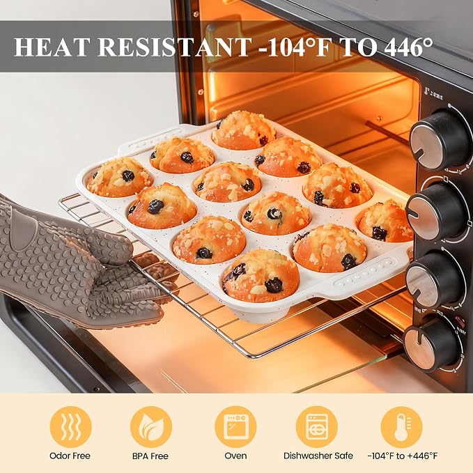 Vinino 12 Cup and 6 Cup Silicone Muffin Pans with Reinforced Frame, Cream | Silicone Muffin Pans Set for Baking with Non-Slip Handle, Nonstick Muffin Tray for Oven, BPA Free, Dishwasher Safe-Cream