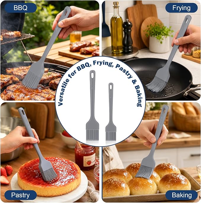 Silicone Basting Brush Set, 2-Pack Food-Grade BPA-Free Pastry Brush, 446°F Heat Resistant with Reinforced Inner Core, One-Piece Design for BBQ, Grilling, Baking, Butter, Marinades & Oil (Gray)
