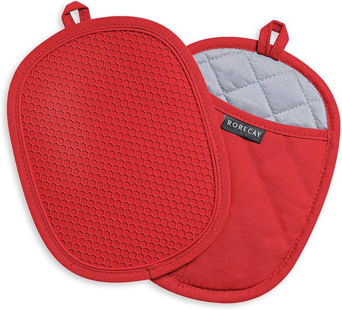 RORECAY 2-Pack Silicone Pot Holders for Kitchen, Hot Pads with Pocket, Red | Heat Resistant up to 500°F, Quilted Cotton Potholders, Non-Slip & Waterproof Trivets for Hot Pots, Pans, and Countertops