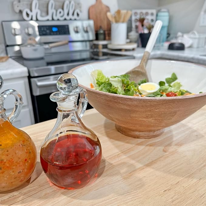 Cornucopia Brands Glass Oil and Vinegar Cruets (Set of 2); 8oz Round Oil Dispensers/Salad Dressing Bottles with Stoppers