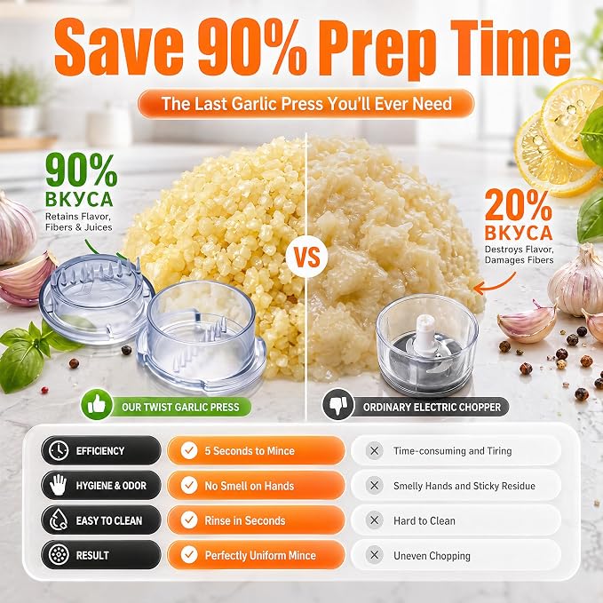 Li&Zhao Effortless Twist-to-Mince Garlic Crusher-Manual Garlic Twister Quick Rotary Action for Garlic Ginger Chili, Includes 2 Silicone Peelers, Easy Use Dishwasher Safe (Transparent)