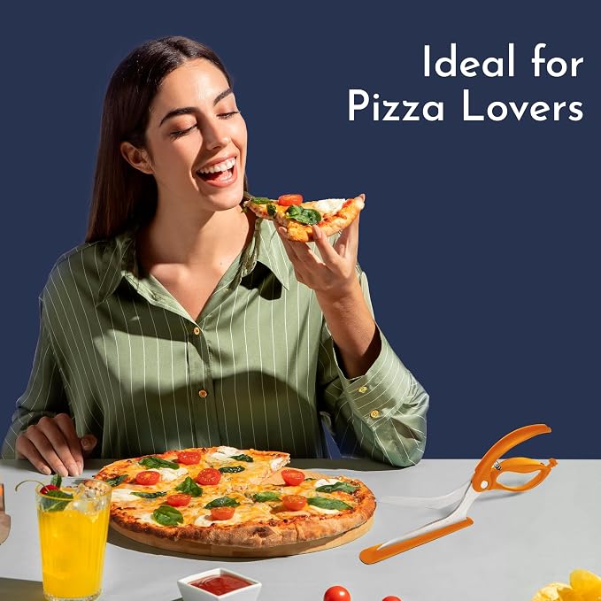Pizza Scissors - Non-Stick Pizza Scissors with Firm Grip Base - Food Grade Stainless Steel Pizza Cutter - 5-in-1 Food Slicer & Pizza Server - Durable, Safe & Mess Free - Orange