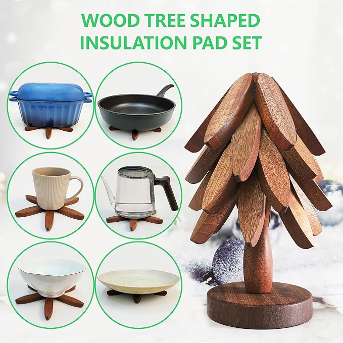 Wooden Tree Trivets for Hot Dishes 4 Trivets Tree Decorative Shape Hot Pads for Countertops Trivet Set with Card for Hot Pots Pans Bowls Coasters