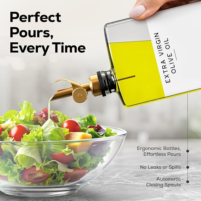 Glass Olive Oil Dispenser Bottle for Kitchen by Brighter Barns - Coffee Syrup Dispenser, Oil and Vinegar Bottle - Modern Kitchen Essentials for Restaurants, Coffee Bar, Airbnb (Clear/Gold, Set of 2)