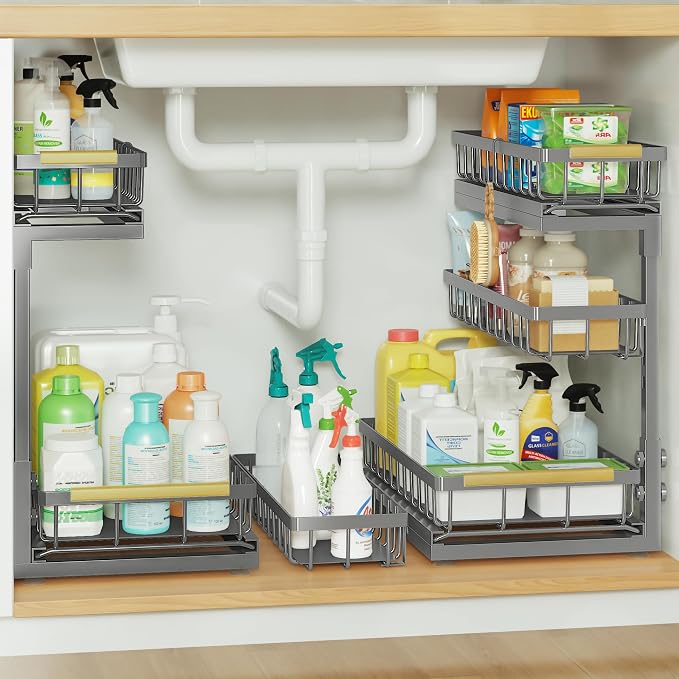 Under Sink Organizer and Storage for Bathroom and Kitchen - 2 Pack 3 Tier | Cabinet Pull Out Shelf Organizers - Slide Out Drawer Organization for Home Cabinets Shelves and Drawers