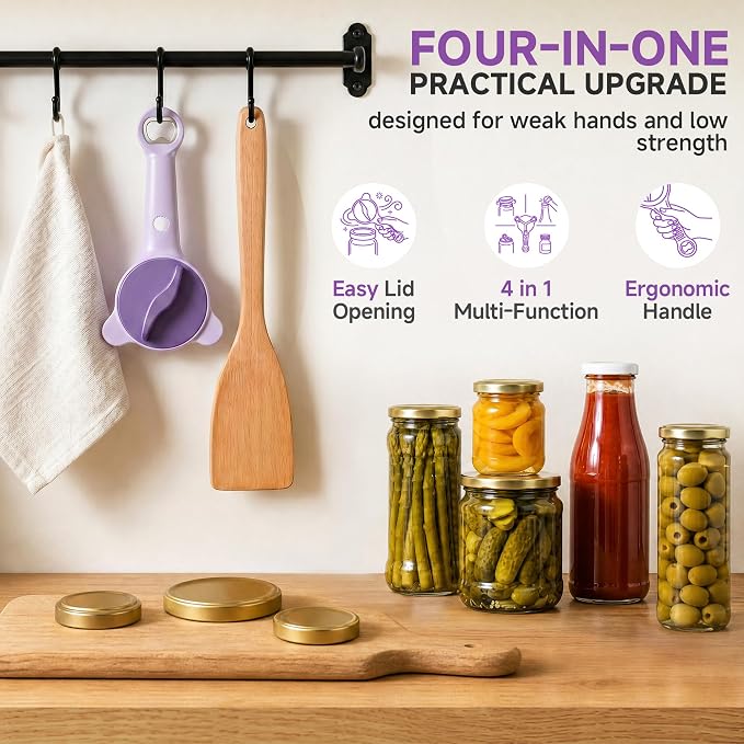 2026 Upgraded 4-in-1 Jar Opener - Adjustable Stainless Steel Lid Remover for Seniors & Arthritis Sufferers, Fits Kitchen Jars, Bottles & Cans Purple(2Pcs)