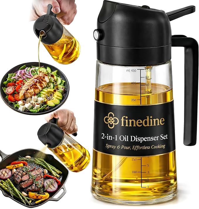 FineDine 16 oz Glass Olive Oil Sprayer for Cooking, Oil Dispenser, Black | Glass 2-in-1 olive oil dispenser bottle, oil dispenser for kitchen, oil spray bottle, mist or stream, anti-drip spout, salads