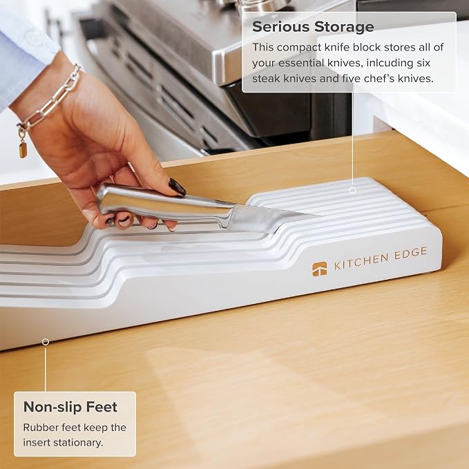 KitchenEdge White Knife Drawer Organizer Insert - Knife Block Holder, Holds 5 Long + 6 Short Knives (Not Included), Fits Most Sizes, Non-Slip Feet, 100% Sustainable Bamboo, Food-Safe White Finish
