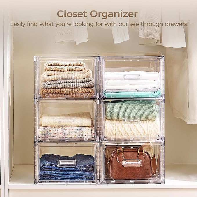 Vtopmart 9 Pack Clear Stackable Storage Drawers 15QT | Easily Assemble Closet Organizers,Plastic Storage Bins for Bathroom,Cabinet,Kitchen Pantry,Under Sink Organization(Medium)