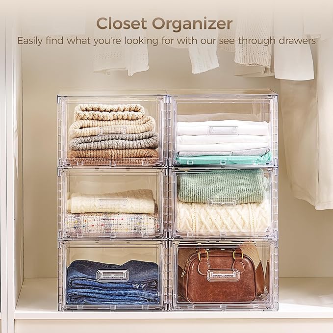 Vtopmart 4 Pack Clear Stackable Closet Storage Drawers 15QT, Medium | Easily Assemble Closet Organizers,Plastic Storage Bins for Bathroom,Cabinet,Kitchen Pantry,Under Sink Organization