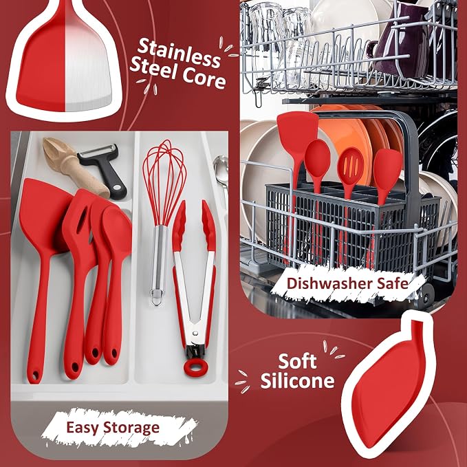 Silicone Cooking Utensils Set of 10, Kitchen Utensils Set for Cooking, 446°F Heat Resistant Silicone Kitchen Tools with Turner Spatula, Soup Ladle, Serving Spoons, Tongs for Nonstick Cookware - Red