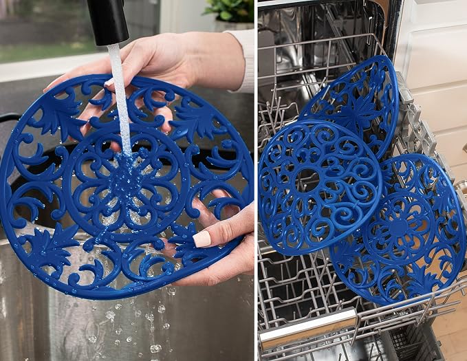 GASARE, Extra Large, Thick, 10" Silicone Trivets for Hot Dishes, Pots, and Pans, Hot Pads for Countertops, Flexible, Dishwasher Safe, 10 x ¼ Inches, Set of 3, Blue