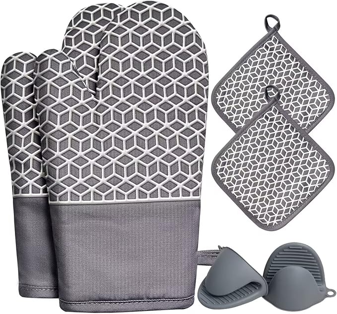 Oven Mitts and Pot Holders Sets 6pcs, Thick Cotton Oven Gloves High Heat Resistant 500℉with Extra Long Oven Mitts and Hot Pads Potholders with Non-Slip Silicone Surface for Cooking Baking
