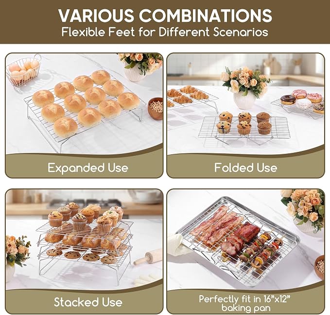 Herogo 5-Tier 15" x 10" Cooling Rack, Stainless Steel Baking Rack for Cookies, Cupcakes, and Pastries, Collapsible Space-Saving Design, Dishwasher Safe, Ideal for Baking, Roasting, and Drying