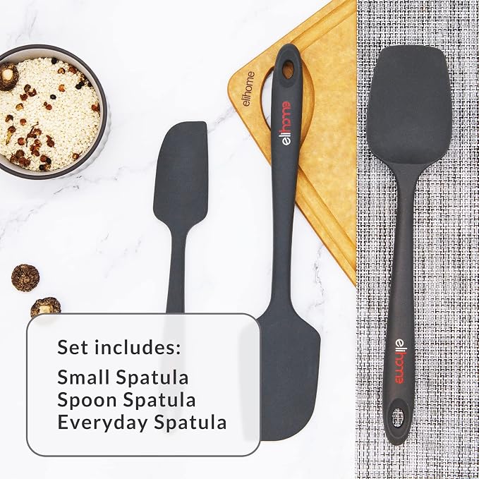 Elihome Chef Series 3 Piece Silicone Spatula Set - 600°F Heat Resistant Non Stick Rubber Kitchen Scraper Spatulas for Cooking, Baking, and Mixing – BPA Free and LFGB Certified Silicone (Grey)