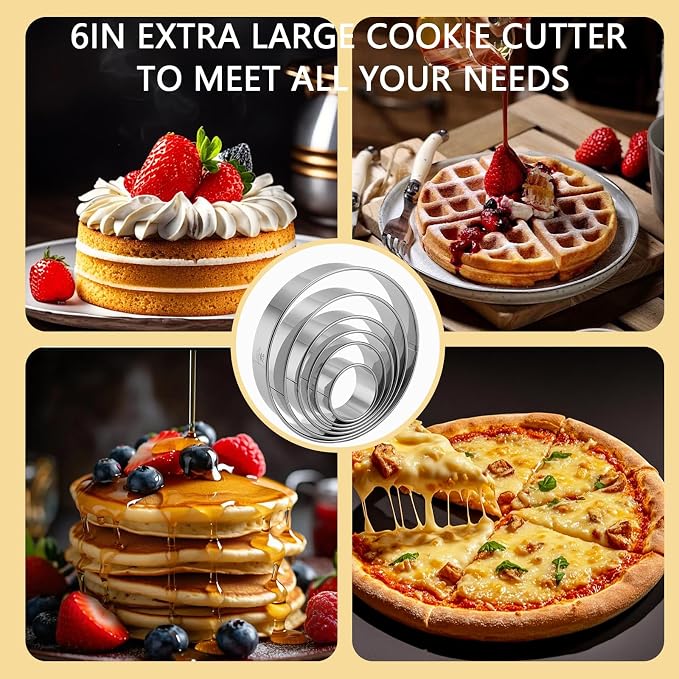 6 PCS Round Cookie Cutters (2, 3, 3.5, 4, 5, 6 Inch), Stainless Steel Biscuit Cutters For Baking, Large Circle Cookie Cutter for Baking, Pastry, Donuts, Fondant, Sandwich