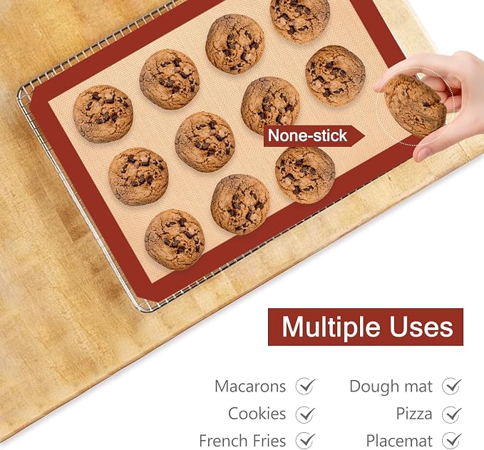 Silicone Baking Mat Set of 3, Non-Stick 2 Half & 1 Quarter Sheets | Dishwasher Safe, Reusable Baking Supplies for Cookies, Bread, Pastries & Dough, Red