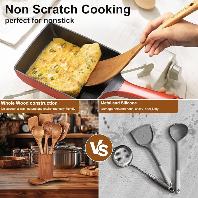 Wooden Spoons for Cooking,WOTTISH 7Pcs Wooden Cooking Utensils,Nonstick Wooden Spatula,Wooden Kitchen Utensils Set Non Toxic,Wooden Utensil Set(A07)