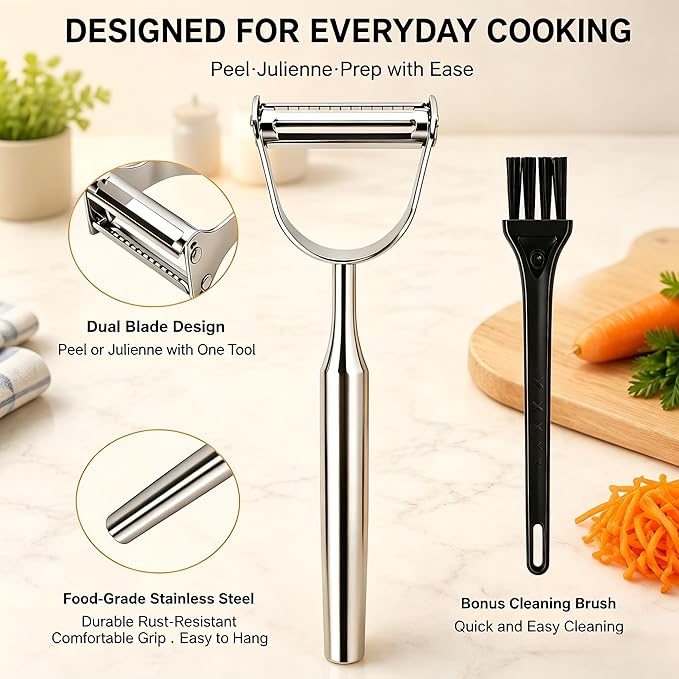 2 in 1 Vegetable Peeler, Stainless Steel Julienne Peeler, Multi-Function Design, Straight-edge blades for Peeling, Serrated blades for Julienne, for Potato Carrot Zucchini Cucumber, Kitchen Gift