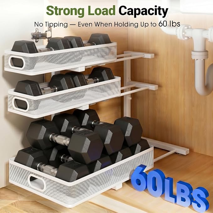 Under Sink Organizer 3 Tier, 2 Pack L-Shaped Pull-Out Cabinet Organizer with Sliding Metal Mesh Drawers, Height Adjustable Under Sink Storage Rack for Kitchen Bathroom Cabinet, White