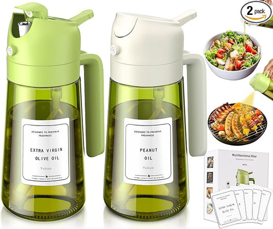 Vakoo 2 in 1 Oil Sprayer and Oil Dispenser for Kitchen - 16oz/470ml Light-Blocking Dark Glass Olive Oil Spray Bottle for Cooking, Air Fryer, Salad & BBQ (Green and White)