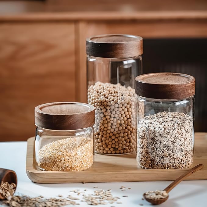 50 fl oz/1500 ml Clear Glass Storage Canister with Airtight Wooden Screw Lid, Large Tall Cute Decorative Glass Food Container Jar for Coffee, Candy, Cereal, Cookie, Pasta, Flour, Juices