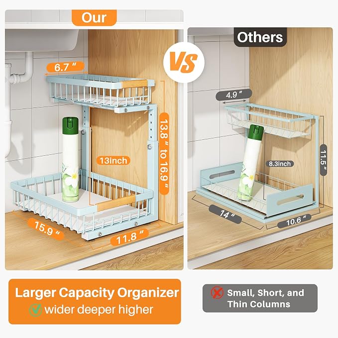 PXRACK Under Sink Organizer, Adjustable Height, 2 Tier Pull Out Under Cabinet Organizer, Slide Out Thickened Metal Under Sink Storage for Kitchen Bathroom Laundry Pantry Cabinet, Blue, Large-1-Pack