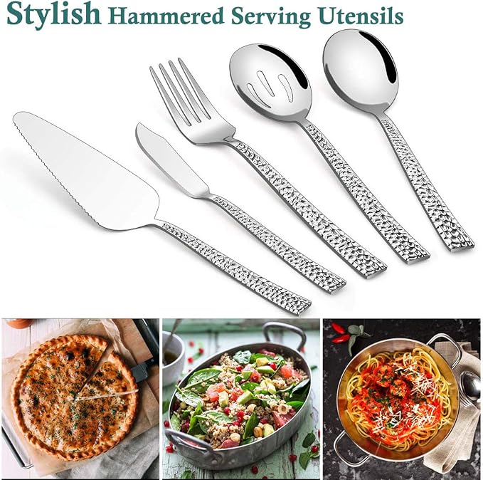 E-far Hammered Serving Utensils, 5-Piece Stainless Steel Square Hostess Serving Set for Buffet Party Kitchen Restaurant, Mirror Finished & Dishwasher Safe