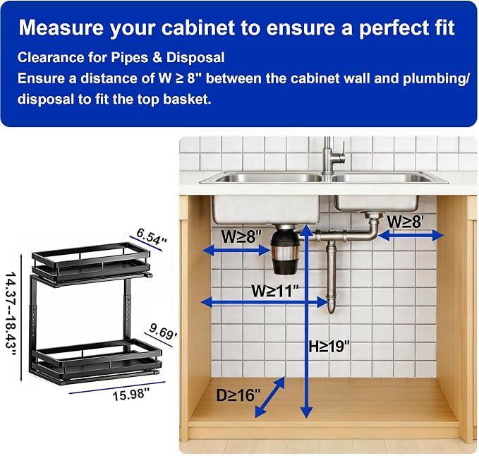 2-Tier Metal L-Shaped Pull-Out Under Sink Organizer, Black, 1 Pack | 1 complete set; ball-bearing slides; 6-level height; no-drill setup