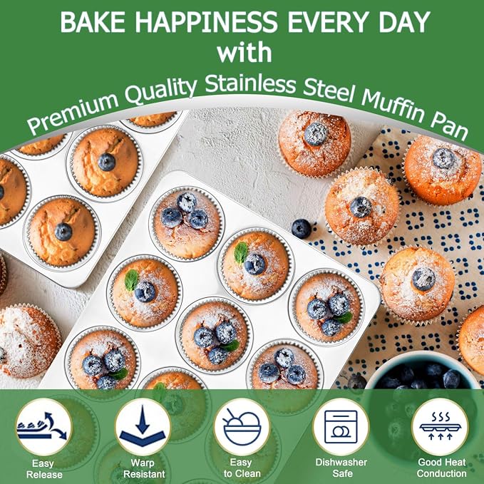 Herogo 3 Pack 12-Cup Stainless Steel Muffin Pan Tin for Making Egg Muffin Quiches, Metal Nonstick Cupcake Tray Set for Baking, Mini Brownie, Regular Size & Easy Clean, Oven & Dishwasher Safe