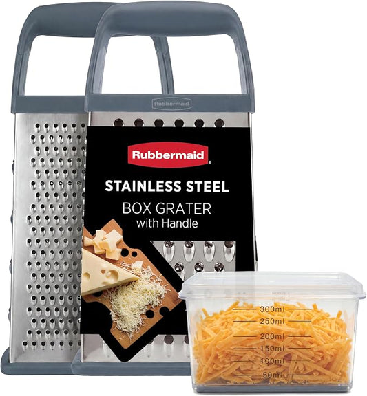 Rubbermaid EZ Grip Box Grater, Stainless Steel Cheese Grater & Container - BPA Free Multi-Surface Cheese Shredder & Food Grater Silver Blue | Graters for Kitchen -Non-Slip Base, Dishwasher Safe