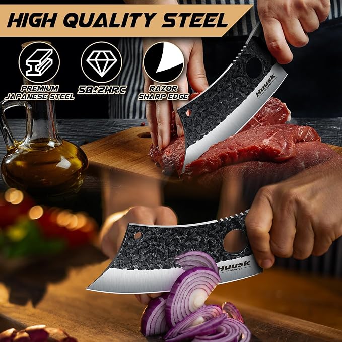 Huusk Knives Japan, Hand Forged Meat Cleaver Knife with Sheath, High Carbon Steel Kitchen Knife for Meat and Vegetables, Full Tang Butcher Knife for Camping, BBQ, Christmas Gift for Men and Women